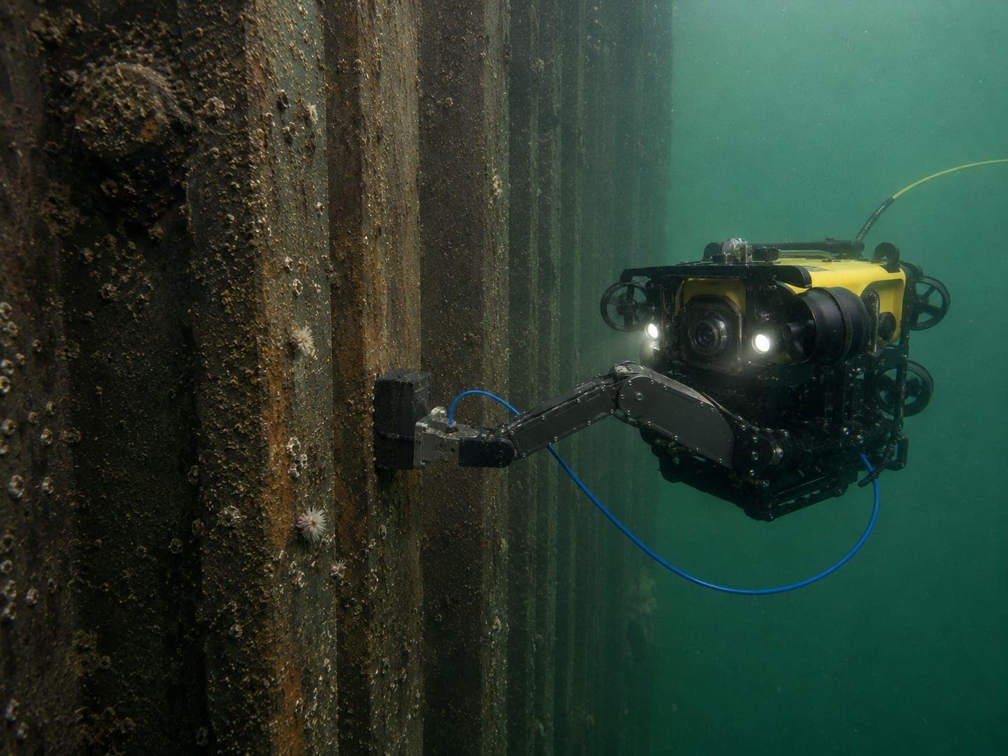 ROV inspeccionando una tablestaca bajo el agua, sin buzo